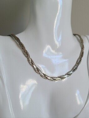 Vintage Style 19" Silver Tone Braided Flat Herringbone Chain Luxury Necklace